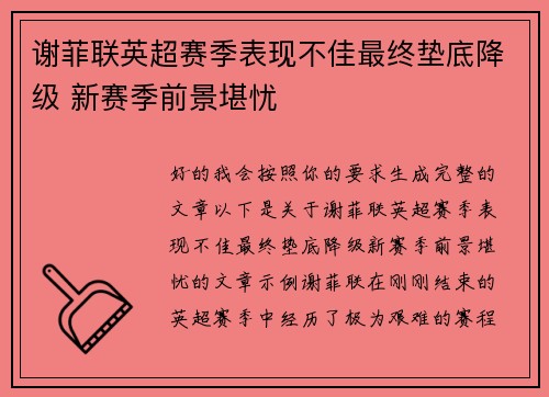 谢菲联英超赛季表现不佳最终垫底降级 新赛季前景堪忧